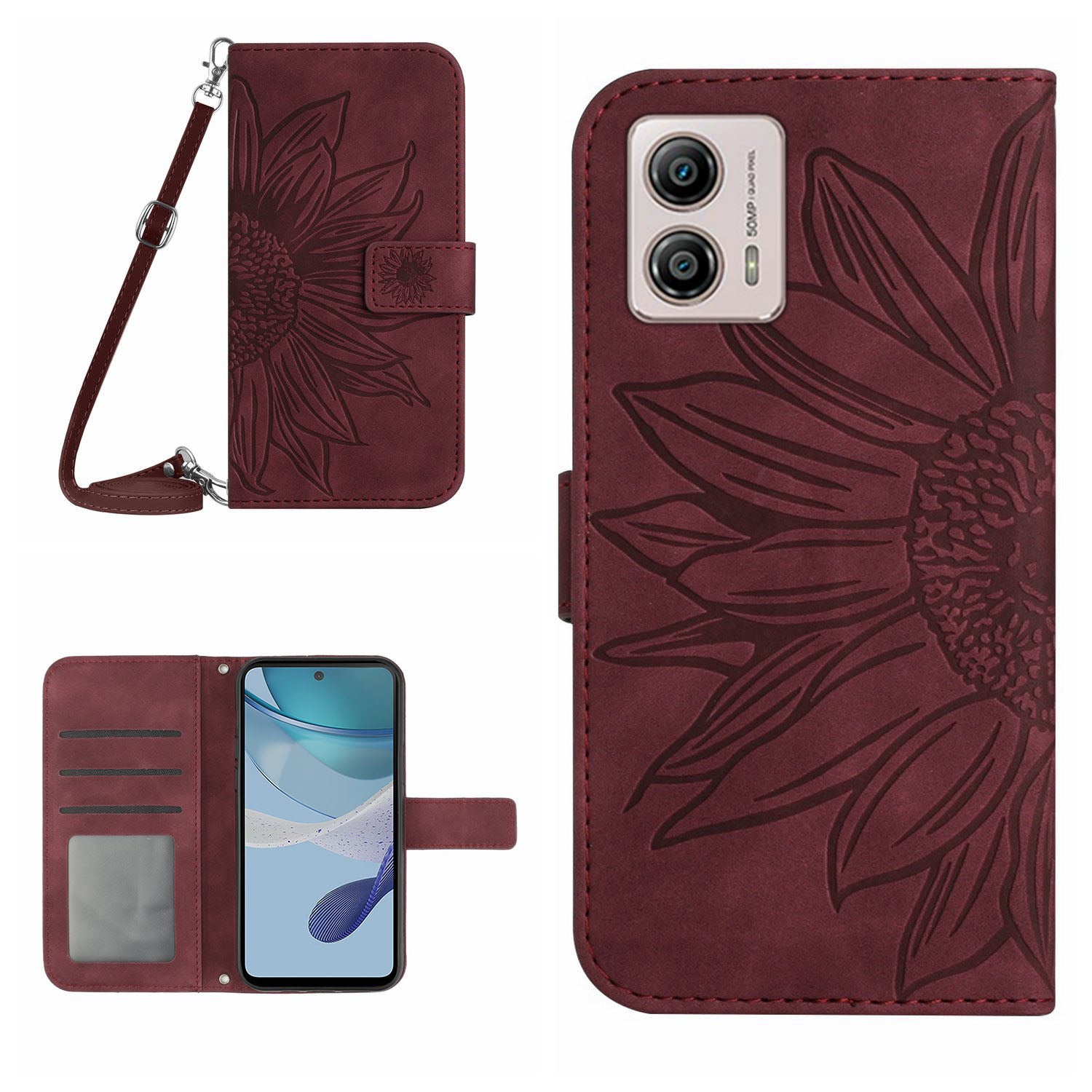 HT04 Stand Wallet Cover for Motorola Moto G53 5G Sunflower Imprinted PU Leather Case with Shoulder Strap HT04 Stand Wallet Cover for Motorola Moto G53 5G Sunflower Imprinted PU Leather Case with Shoulder Strap